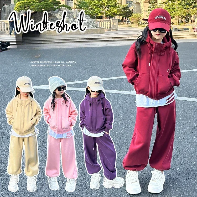 Girls Tracksuit Winter Fleece Thick Warm Hoodie Sweatpants Two Pieces 3 To 14 Y Children Clothing Set Casual Sport Kids Outfits