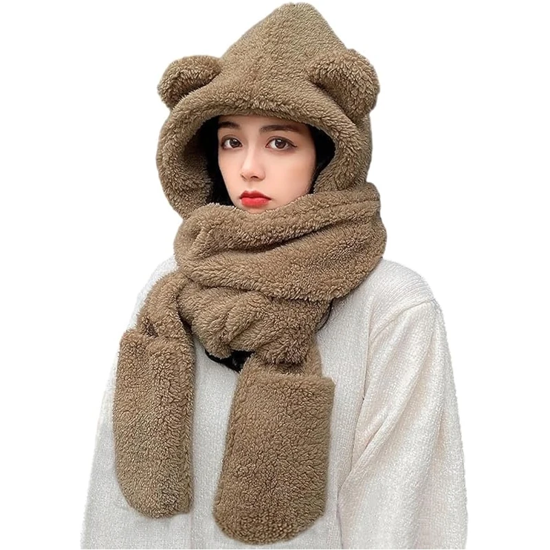 SIMPLEJEWEL™ Women Cute Bear Hoodie Hat Scarf Gloves Set 3-in-1 Earflap Fleece Hat Plush Warm Winter Hat