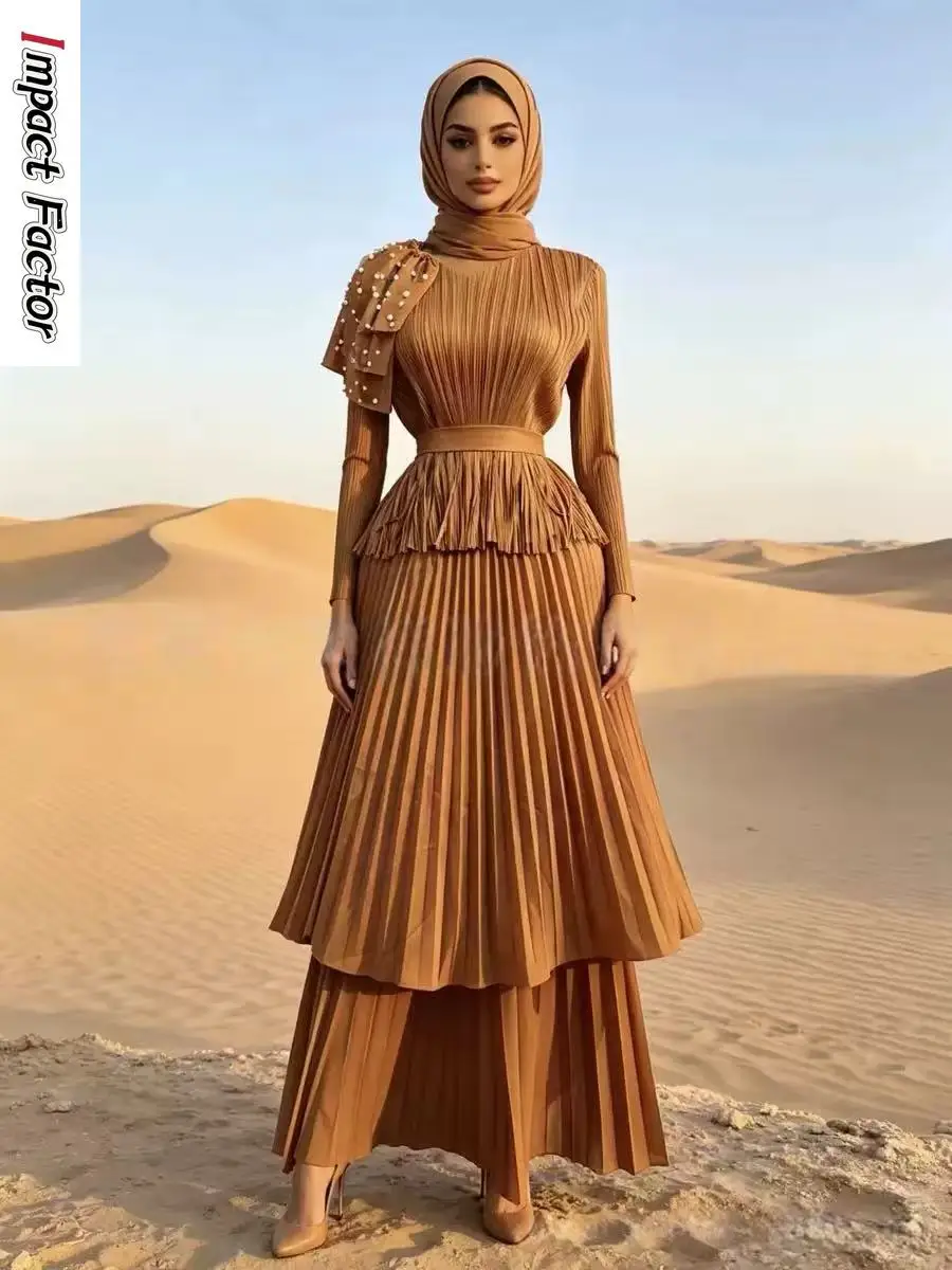 Miyake Pleated Irregular Large Skirt Solid Color Shawl Beaded Decorative Waist Fringed Skirt Two-piece Set for Women