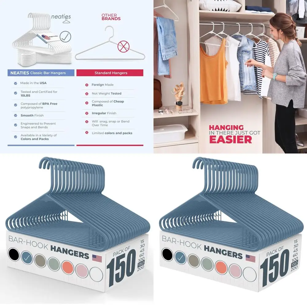 

Набор из 100 пластиковых вешалок с крючками-ремешками, произведено в США, грузоподъемность 6 фунтов, для платьев, нижнего белья, рубашек и брюк - синие