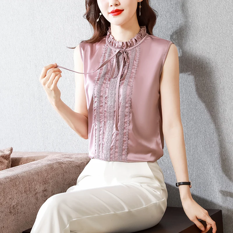 Women Clothing Fashion Elegant Lace Chiffon Blouse Summer Sleeveless O-neck Solid Color Pullover Stylish All-match Patchwork Top