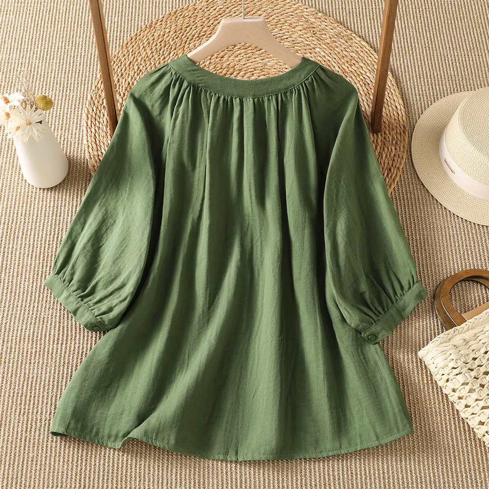 Harajuku Olive Green Linen Blend Gathered Blouse Round Neck 3/4 Puff Sleeve Button Front Loose Flowy Women Summer Casual Shirts