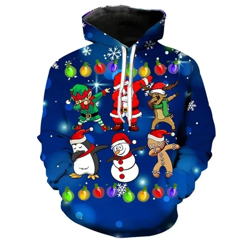 2025 3D Printed Merry Christmas New Sportswear Santa Claus Snowman Printed Polyester Fiber Long Sleeve Hoodie