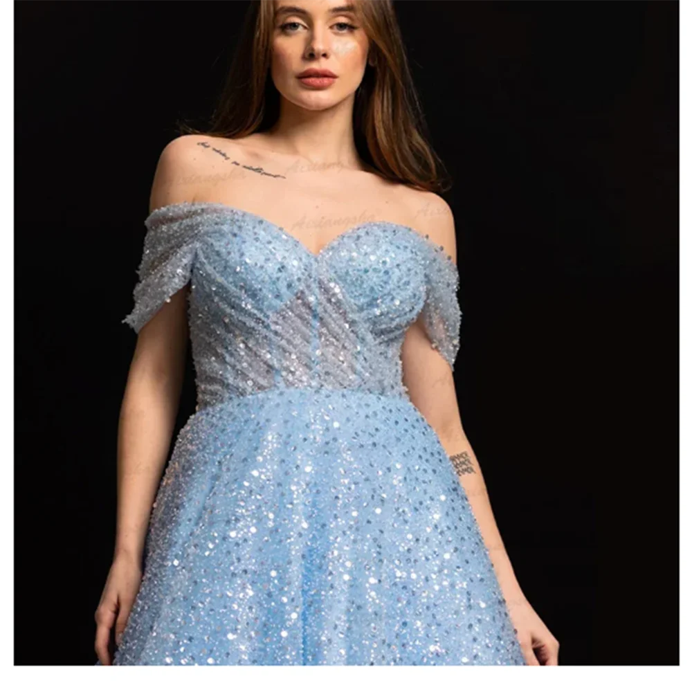 

Pretty Shiny Sequin Light Blue omen Prom Dress Sweetheart Floor Length A-Line Princess Elegant Dreamy Vestidos De Fiesta فساتين