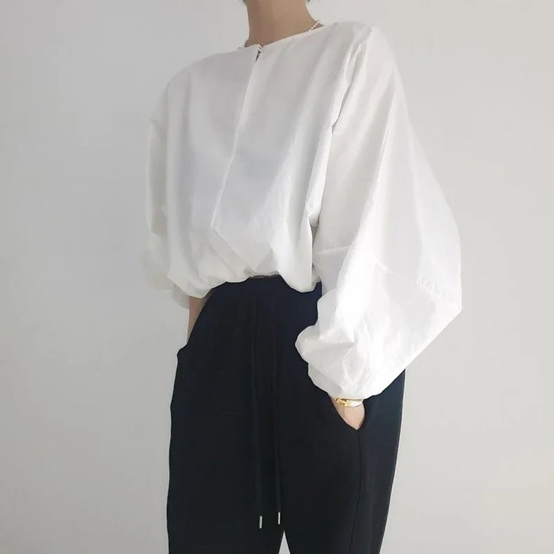 Elegant Cropped White Shirts Women Vintage Korean Lantern Sleeve Blouses Office Ladies Aesthetic Casual All Match Chic Tops New