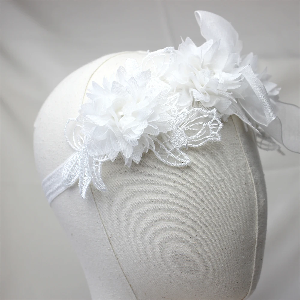 Witte kant chiffon bloem hoofdband baby meisjes bloem tulband prinses mesh bloemen parel pasgeboren haar bloem Photoprop hoofddeksels