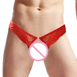 Men Sexy Brief Thongs Low Waist Underwear G-string Mesh Hollow Pouch Panties Open Front Hole Briefs Exposed Peni