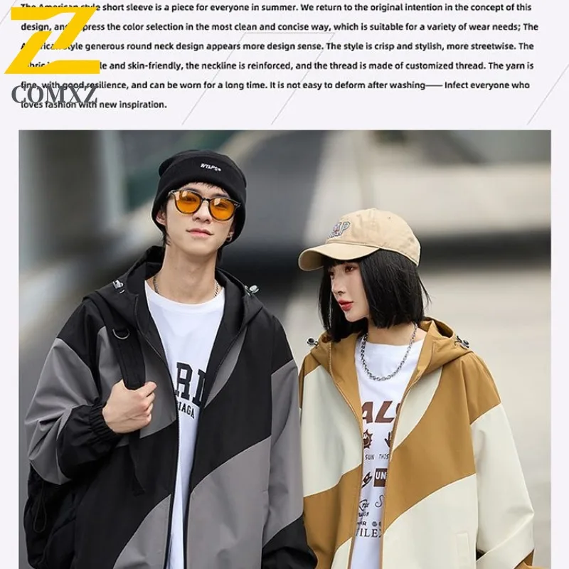 

Men Windproof Waterproof Hooded Jacket Big Pockets High Street Print Outdoor Windbreaker Coat for Hiking Trekking Streetwear