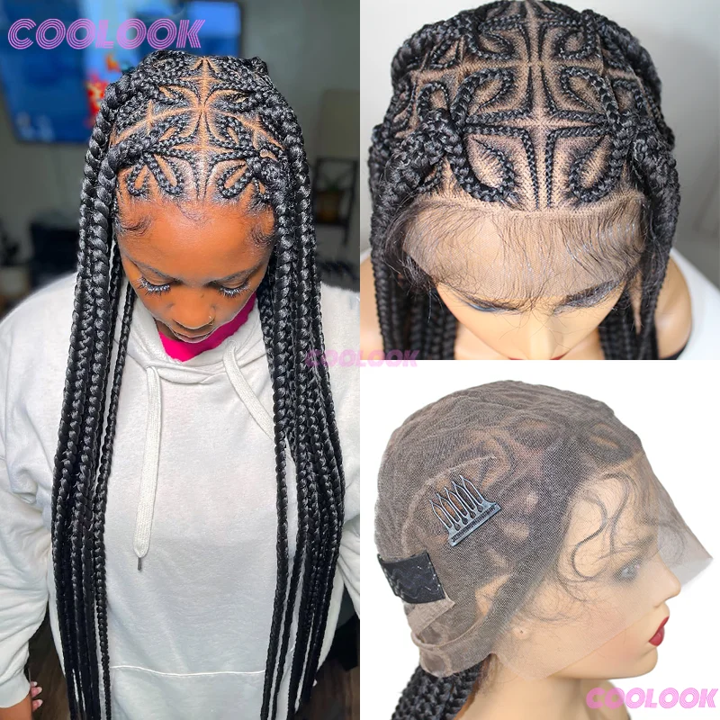 

36-дюймовые плетеные парики Cornrow, синтетические полные кружевные парики для чернокожих женщин, парик с косой без узлов и детскими волосами, африканские парики