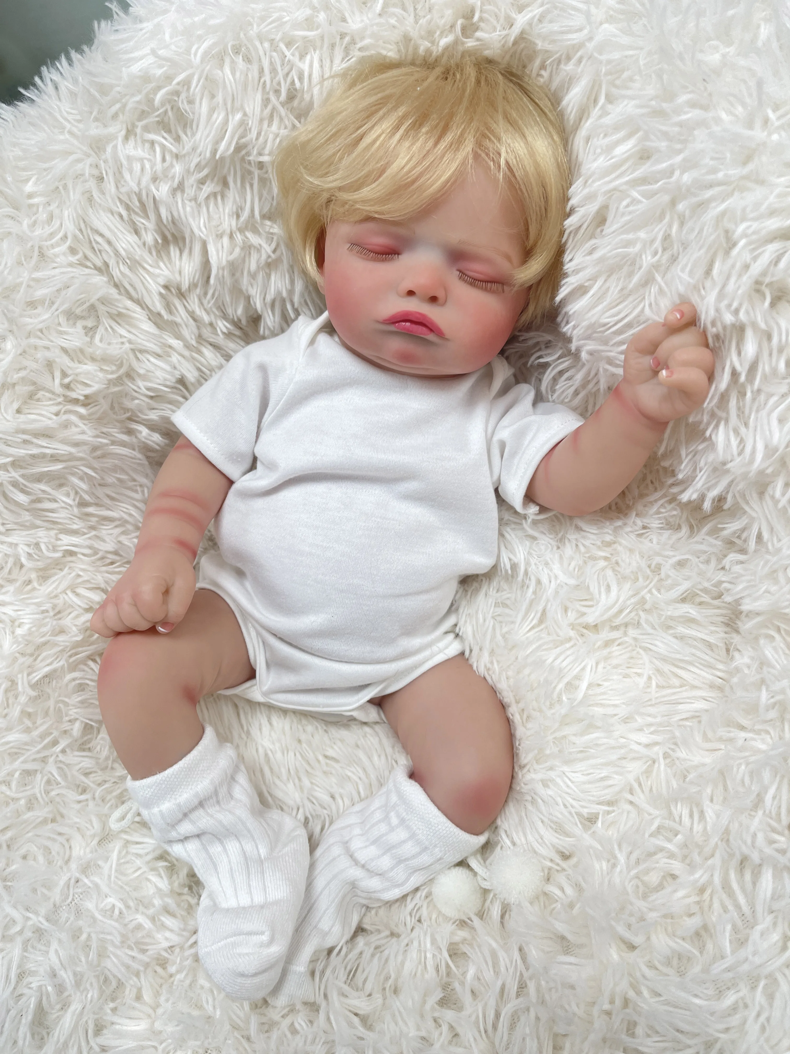 45CM Rosalie Cloth Body/Full Vinyl Body Already Painted Finished Sleeping Reborn Baby With Visible Veins and Hand Rooted Hair