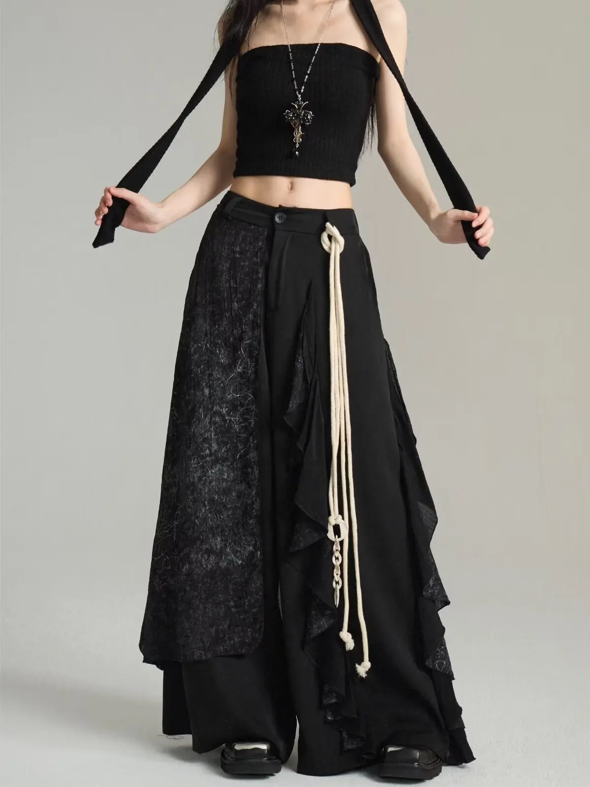 New Chinese Style High Waist Wide Leg Pants Men Women Double Layer Asymmetrical Design Sensation Mountain Style Splicing Pants