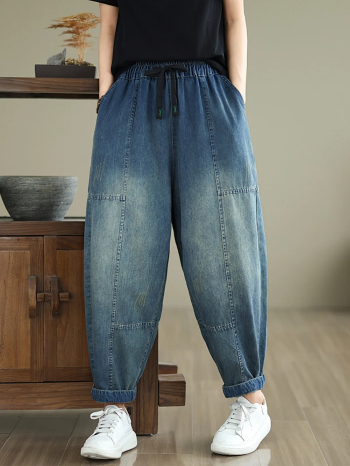 

Retro Patchwork Versatile Loose High Waist Slimming Nine Points Harlan Jeans Women's Spring Autumn New Sle plus Size Blue