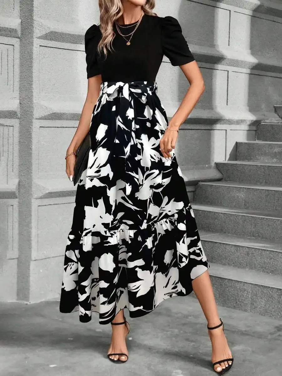 

Summer Casual Black And White Floral Print Ruffle Hem Short Sleeve Maxi Dress