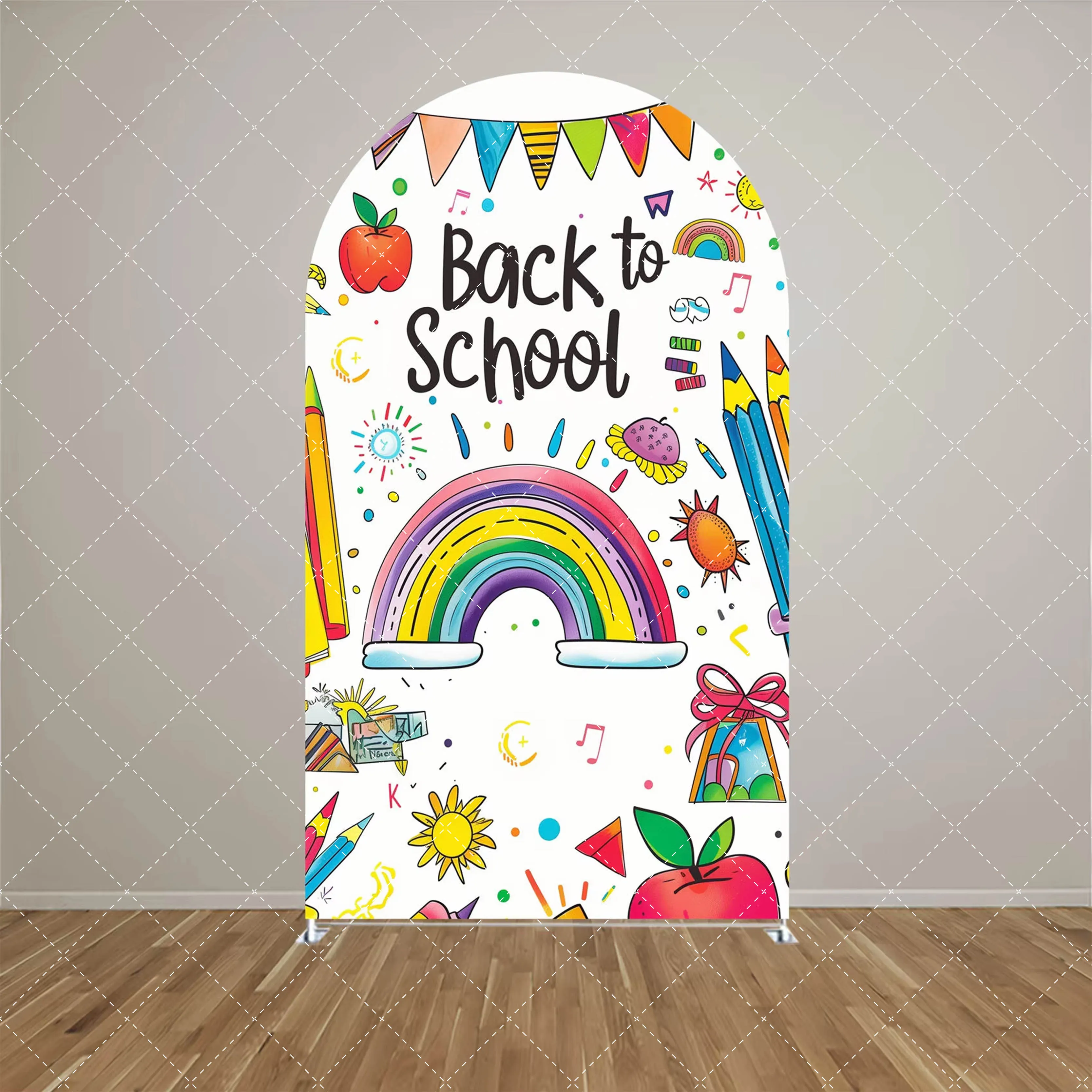 Mehofond العودة إلى المدرسة موضوع قوس خلفية غطاء طالب الطفل حفلات عيد ميلاد قلم رصاص قوس قزح التفاح ديكور خلفية على الوجهين