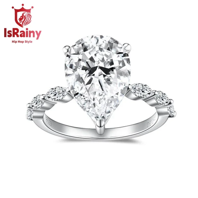 IsRainy Hip Hop Rock Solid 925 Sterling Silver Real GRA 5CT Moissanite Diamonds Rings Pear Engagement Anniversary Fine Jewelry