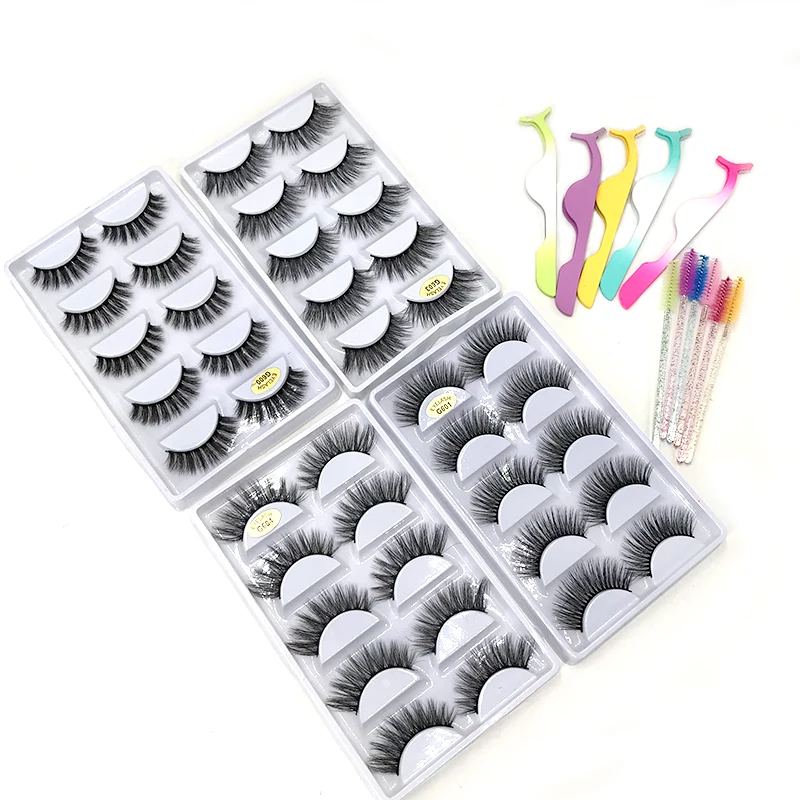 3D Faux Mink Strip Lashes with Lash Tweezer Spoolies Natural False Eyelashes 5 Pairs Eyelashes Book