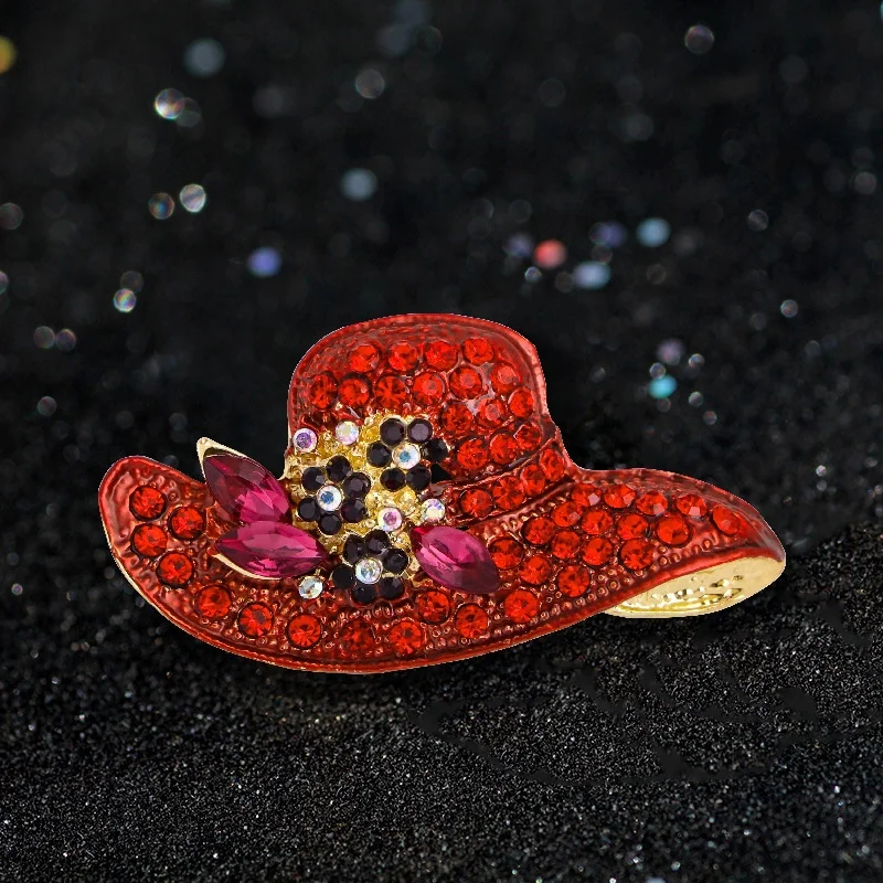 Vintage Rhinestone Hat Luxury Brooches for Women Classic Straw Cap Drop Oil Brooch Pin Clothing Suit Accessories Corsage