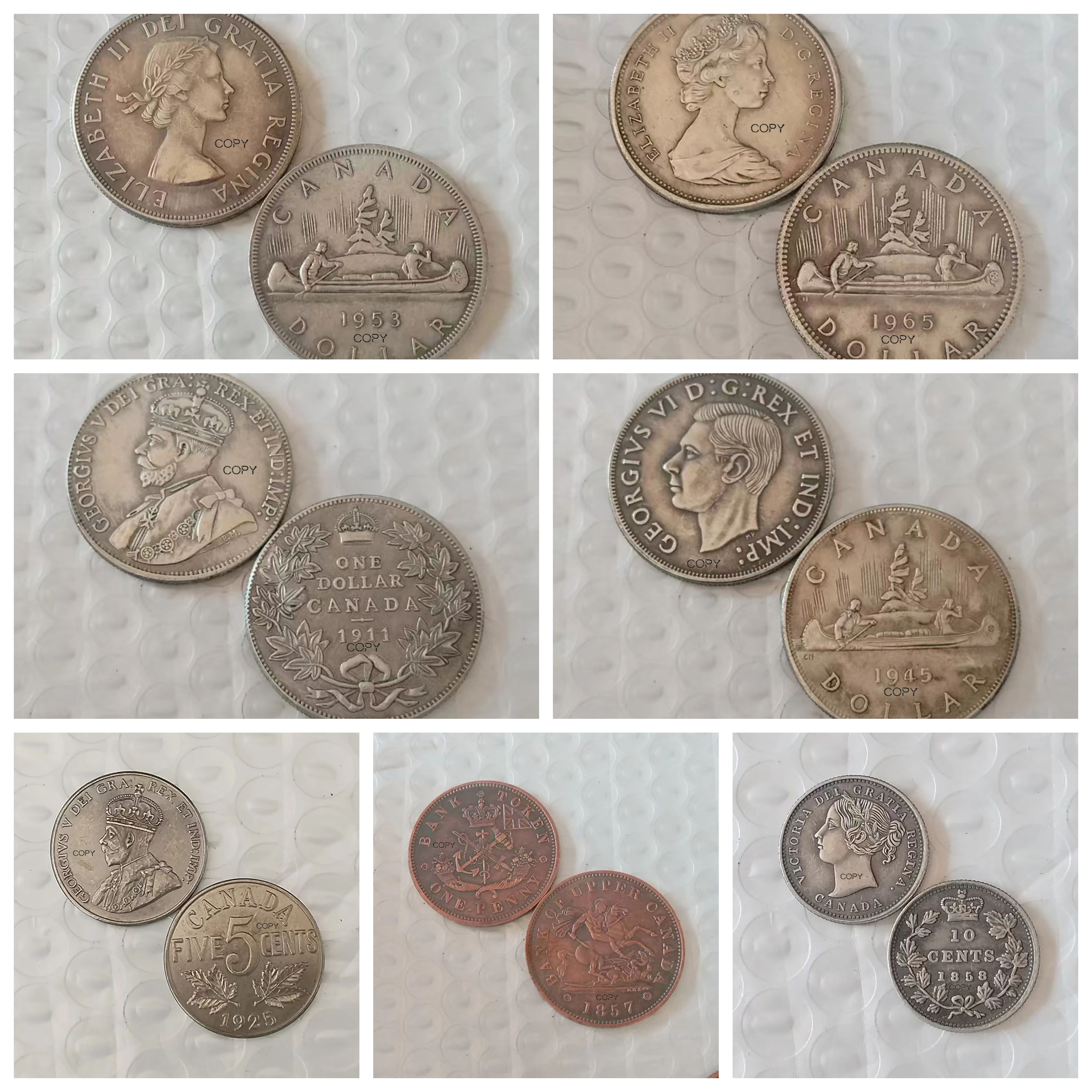Reproducción de 30 tipos de monedas conmemorativas de Canadá, plateadas o cobrizas, para elegir.