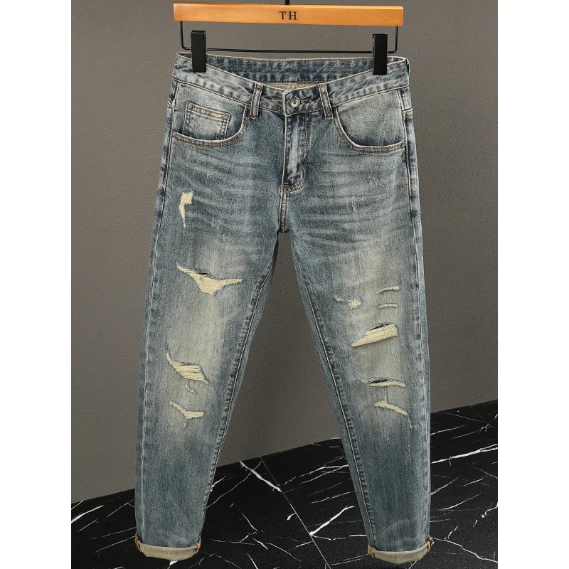 

Street handsome ripped patch jeans men's retro small straight leg long pants