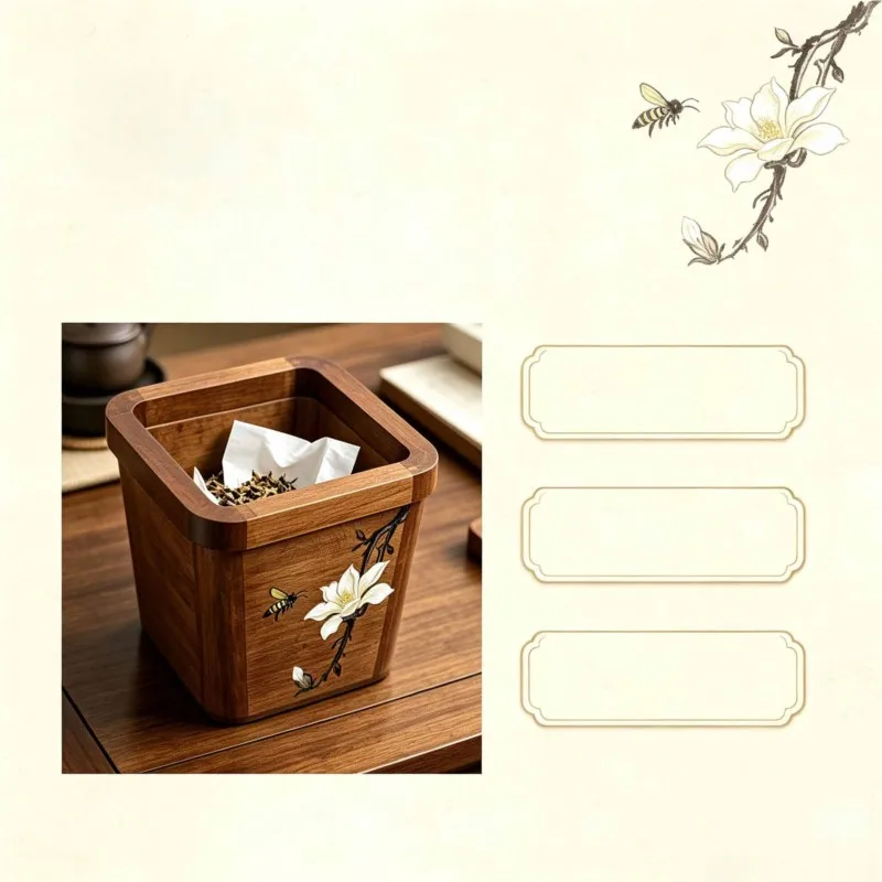 Wooden Desktop Mini Trash Can Walnut Hand-painted Pattern Office Tea Table Study Room Easy Storage Paper Basket Waste Box ZJ337