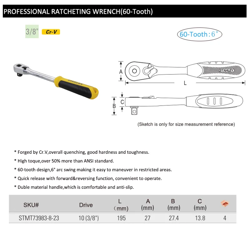 Stanley Professiona 10mm Ratchet Wrench for Car Bike 3/8 Drive Ratchet Socket Wrench 60-tooth Double-Sided Mechanism Hand Tools