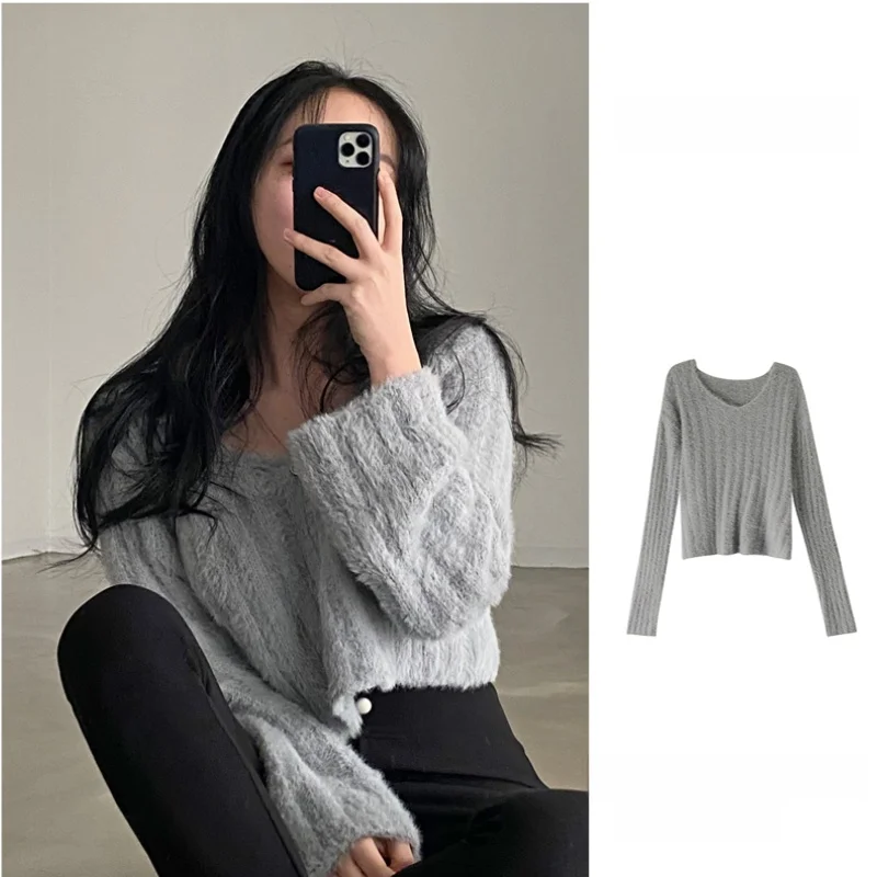 

Шикарный женский вязаный свитер Long Sve Soft Mink, теплый V-образный вырез, чистый цвет, весна-осень, базовый топ небольшого размера