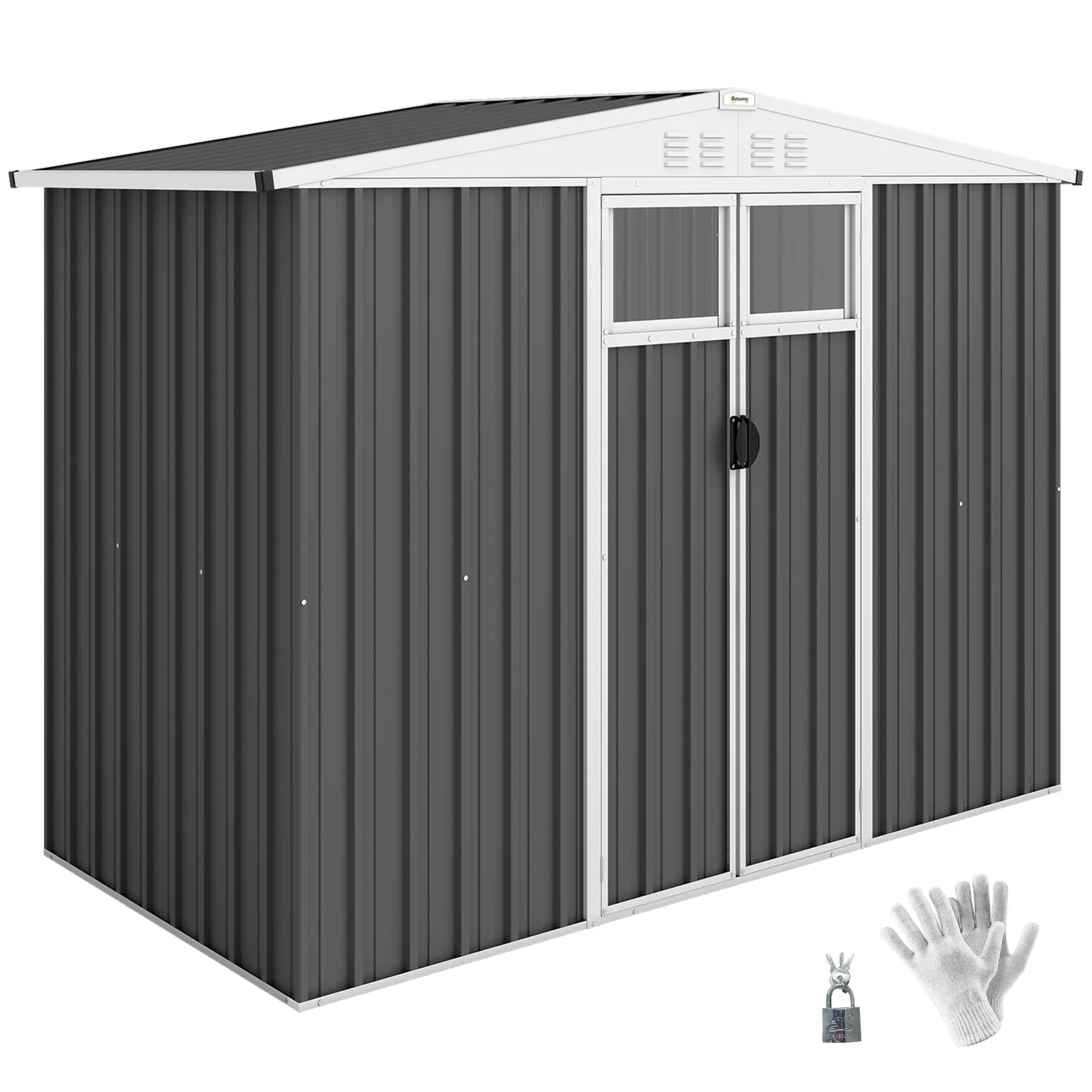 Outsunny Gartenschuppen aus galvanisiertem Stahl 2,7m², 246x117x180cm, Grau mit 2 Fenstern & 4 Lüftungsöffnungen