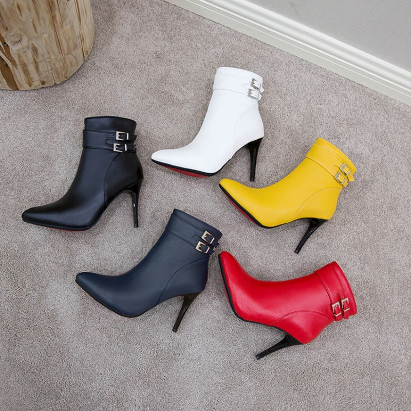 REAVE CAT 2021 Sexy Ankle Boots Lace Up Pointed Toe Thin Heel Short Plush US19 Red Blue Black Yellow White A4513