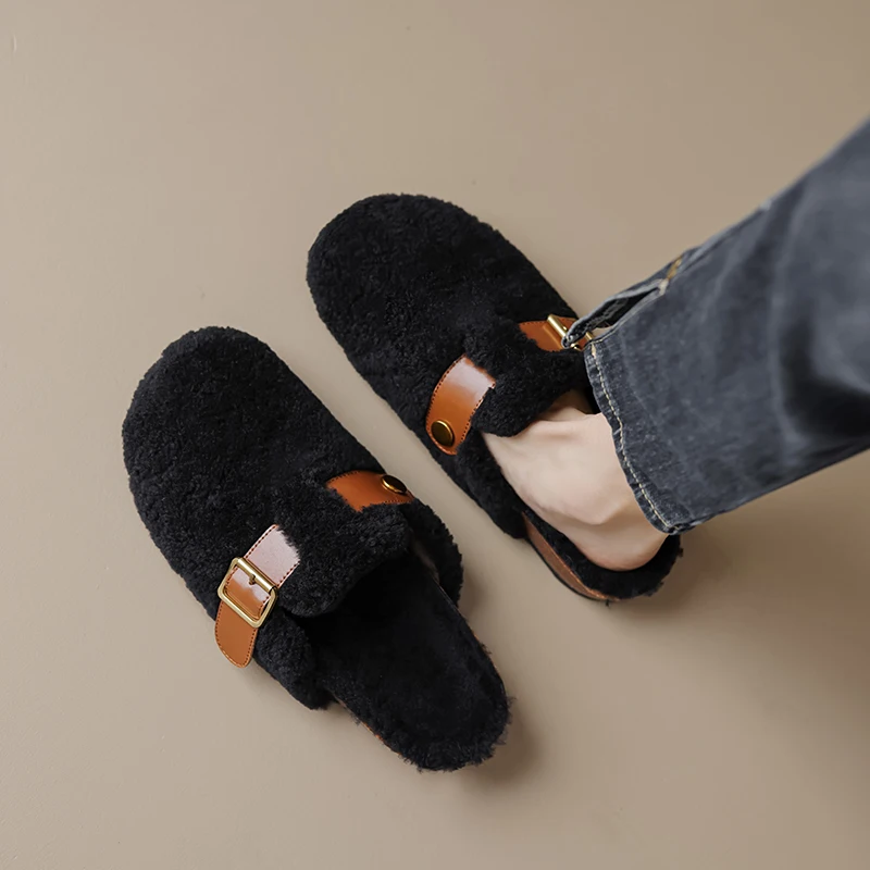 Dilalula 2026 موضة النساء نعال من الصوف كعوب منخفضة سميكة مغطاة تو حزام مشبك ديسمبر سيدة الخريف الشتاء الدافئة البغال عادية #6