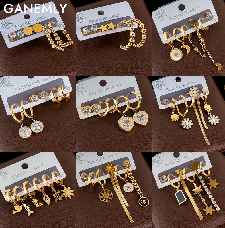 

GANEMLY 316L Stainless Steel Metal Dangle Earrings Set For Women Elegant 2024 New Fashion Gold Color Ear Jewelry Holiday Gifts