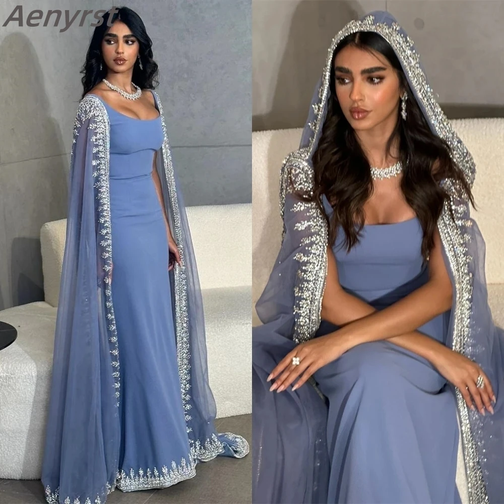 Aenyrst-Vestidos de Fiesta de sirena cuadrados elegantes con cremallera, manga de casquillo, Arabia Saudita con chal, vestidos de noche formales