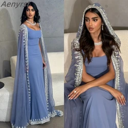 Aenyrst-Vestidos de Fiesta de sirena cuadrados elegantes con cremallera, manga de casquillo, Arabia Saudita con chal, vestidos de noche formales largos