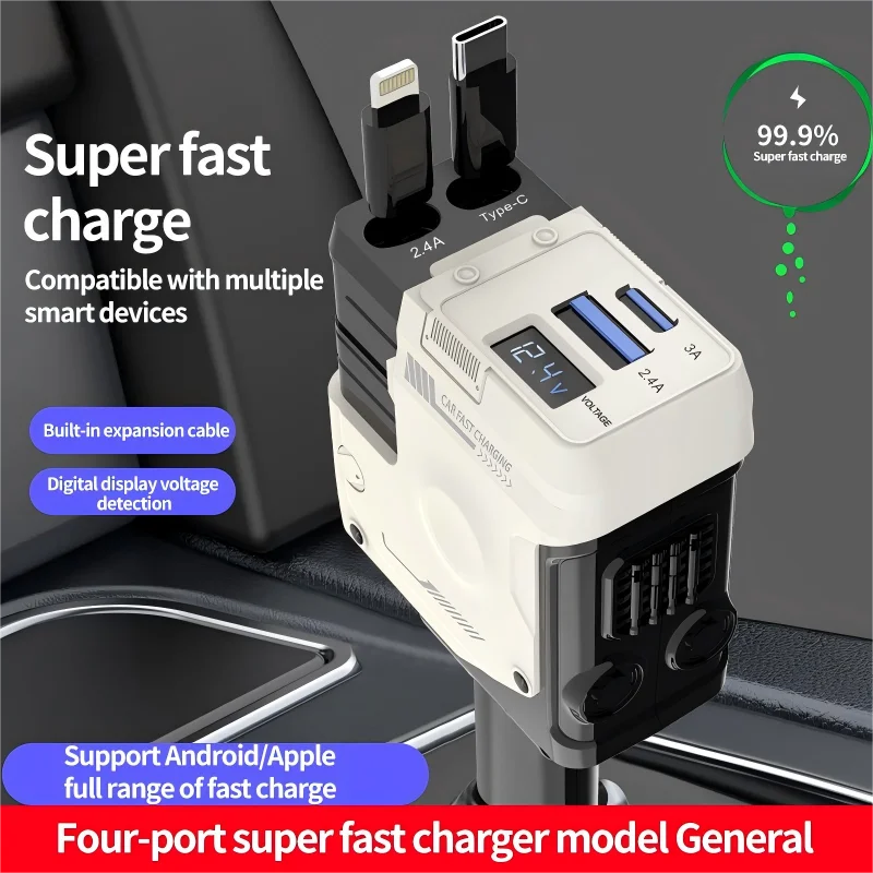 

Car On-Board Charger Fast Charging Retractable Cable Mechanical Decoration Wind Screen Display Cigarette Lighter Plug