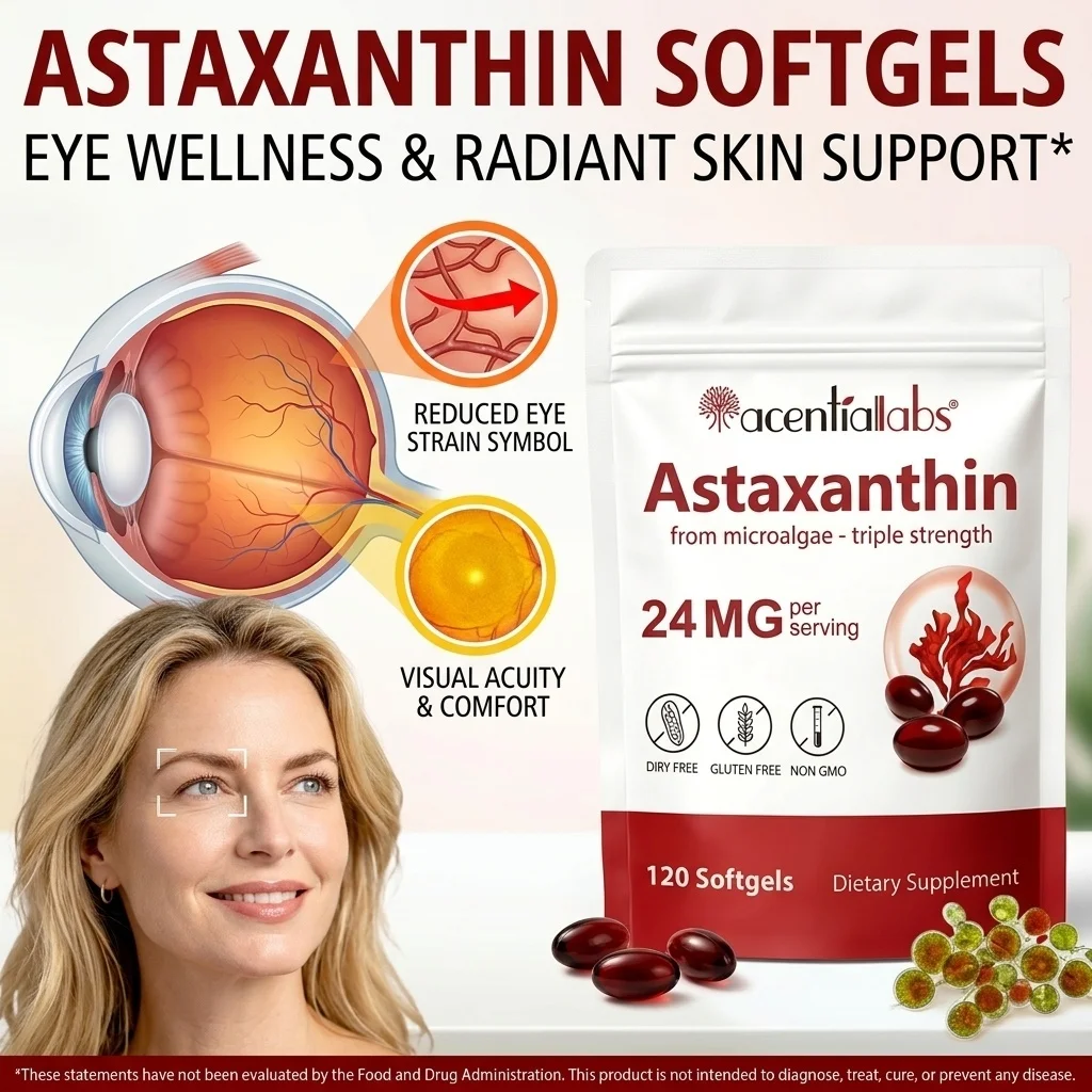Astaxanthin Softgels,Screen Use Eye Comfort,Skin Elasticity,Featuring 24mg Natural Haematococcus Pluvialis Astaxanthin,120 Count