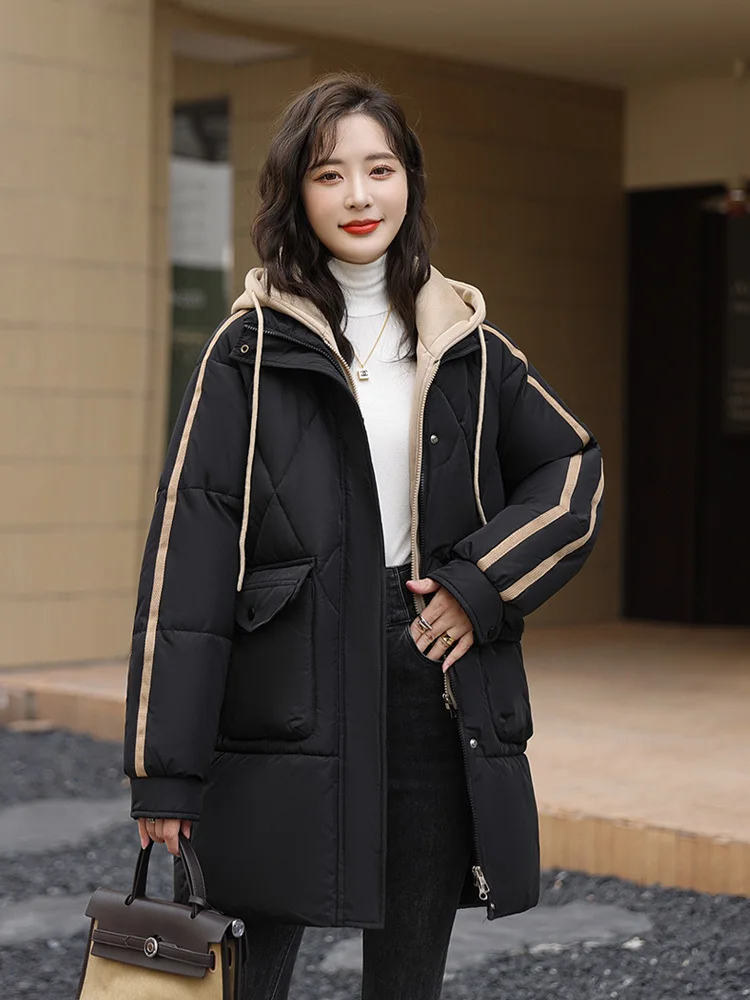 

Women Casual Cardigan Korean Fashion Medium Length Down Cotton Jacket with Contrasting Color Hooded Fake Two Striped Coat Parkas