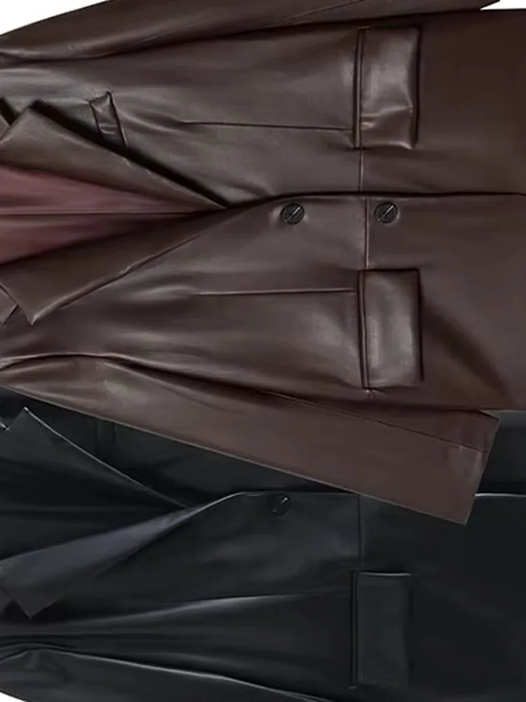 HH nouvelle femme hiver mode jolie pochette femme manches longues revers simple boutonnage poche décoration Faux cuir effet veste