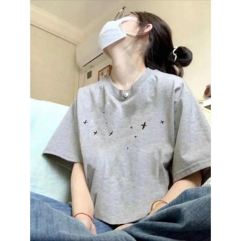 Women's Cotton Bird Print Short Sleeve T-shirt Casual Loose Summer Top
