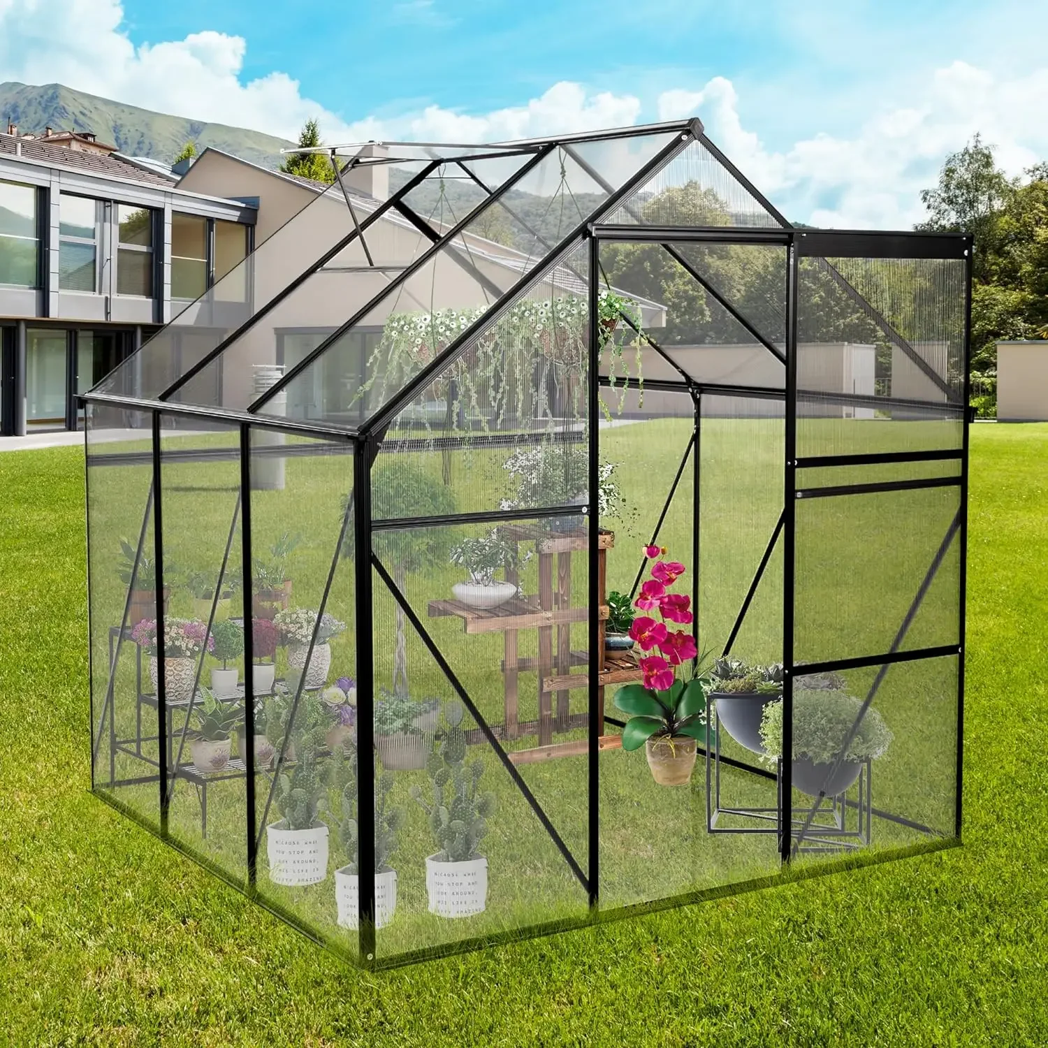 

6x6 FT Polycarbonate Greenhouse with Raised Base, Walk-in Hobby Storage Shed with Sliding Doors, Sunroom Aluminum Hot House