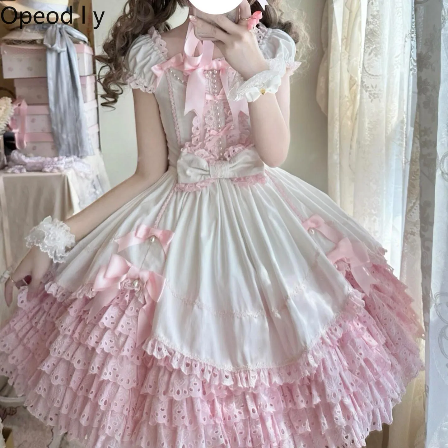 Vestido Lolita Rosa Dulce para Mujer, Vestido de Princesa Estilo 'Soft Girl' con Lazo Bonito, Vestido de Princesa con Cintura Alta y Falda Abullonada para Niñas