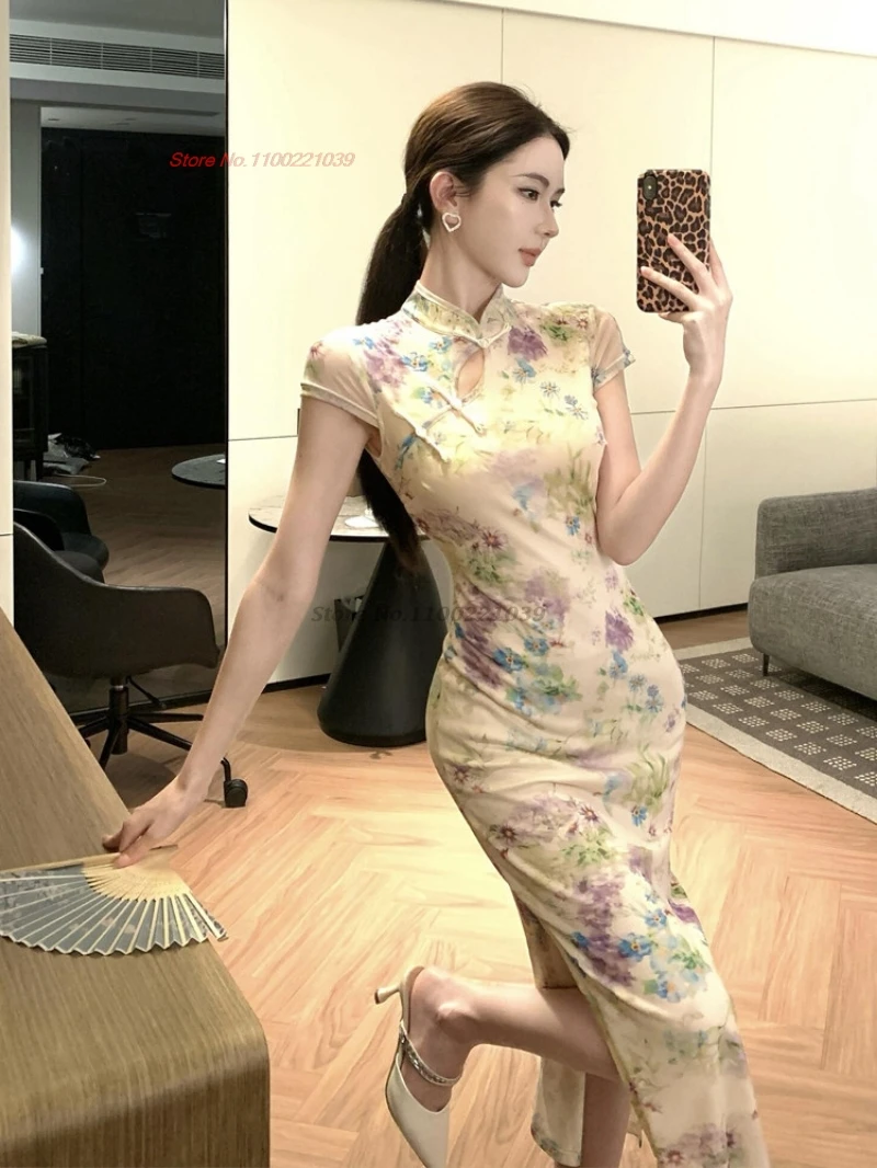 

2026 chinese improved cheongsam traditional flower print sexy qipao retro evening dress banquet qipao vintage nightclub dress