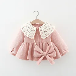 2PS Autumn/Winter Newborn Baby Girl Cotton Coat Bag Girls' Lace Big Collar Full Of Plaid Print Cute Princess Cotton Coat Jacket