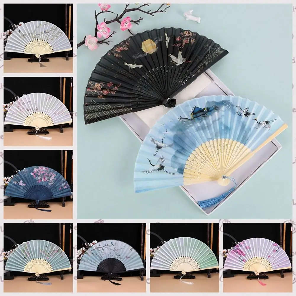 Bamboo Handle Folding Fan Hanfu Accessories No Deformation Handheld Props Fan Ancient Style Silk Fabric Prom Decor