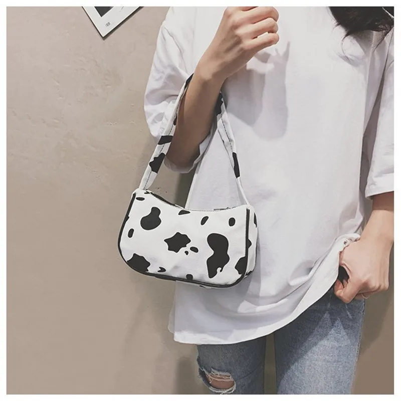 The Cow Spot Printed Canvas Shoulder Bags For Women 2023 Female Small Underarm Bag Ladies Cute Purses and Handbags Casual Tote