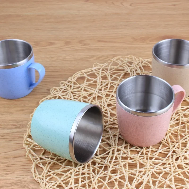 1pcs Stainless Steel Cup Wheat Straw Element Small Water Cup Household Anti-hot Anti-drop Coffee Milk Cup Tea Drink Water Cup