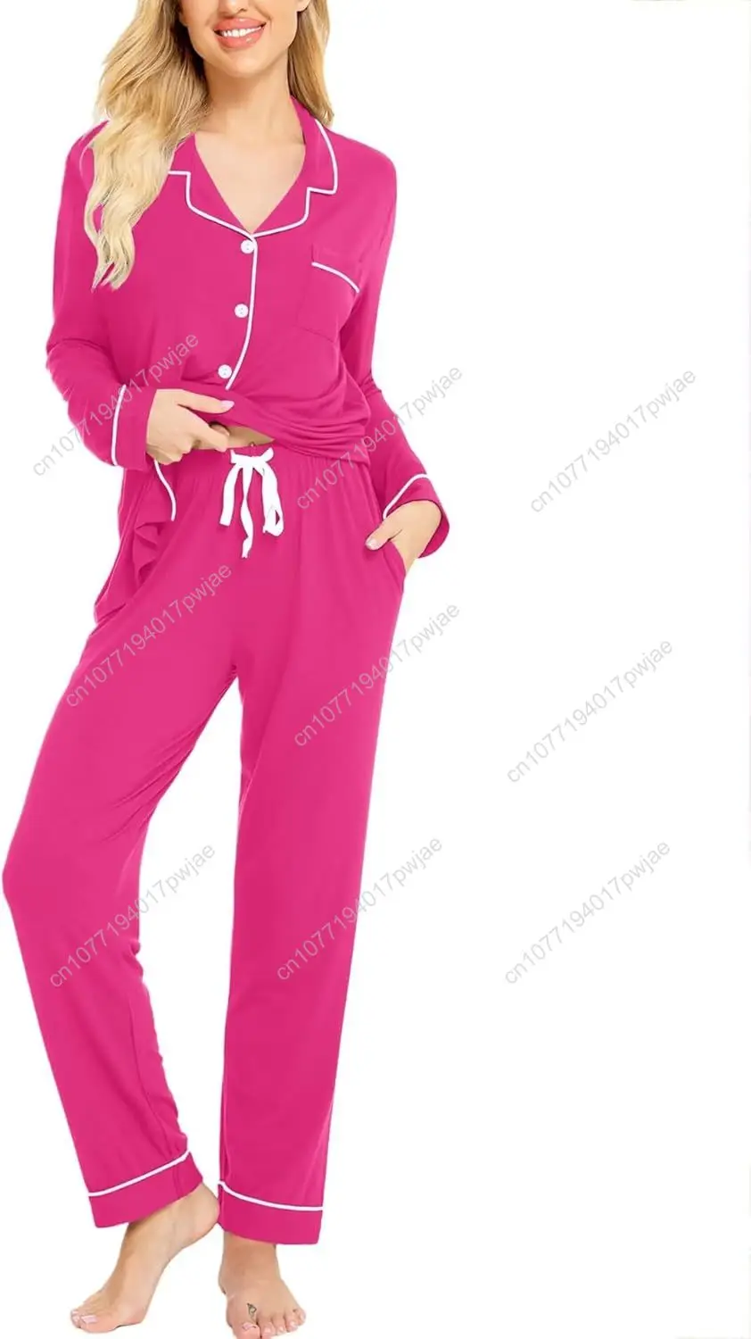 SWOMOG Damen-Pyjama-Set, langärmelig, Nachtwäsche, Knopfleiste, Nachtwäsche, weiche Baumwolle, Pj-Lounge-Sets
