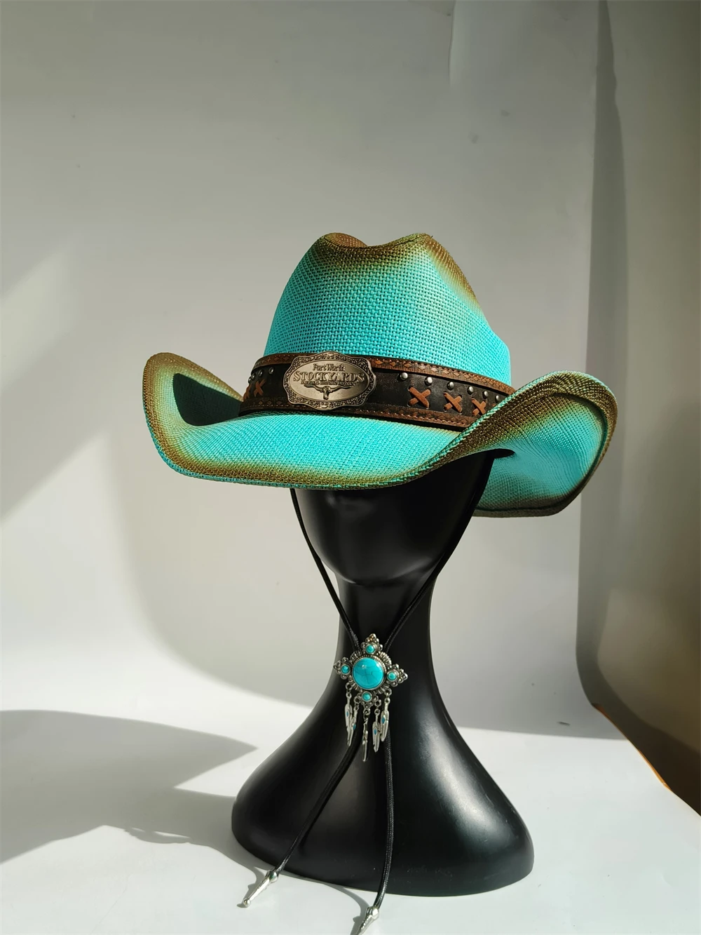 Sombrero vaquero de paja occidental para mujer, sombrero de paja para pastoreo con lazo turquesa, sombrero de paja de vaquera, sombrero de sol de verano, sombrero vaquero