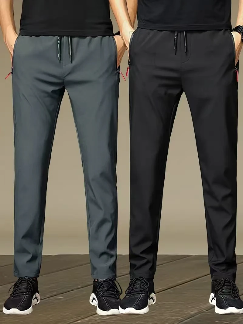 2 pieces of men's slim fit zippered pocket pants, made of comfortable elastic fabric, pure black, perfect for casual wear, winte