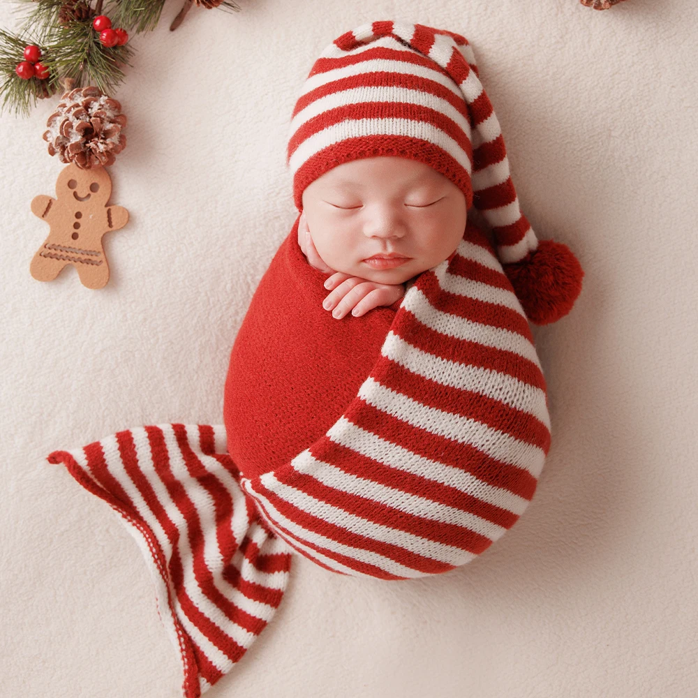 Christmas Newborn Wrap Photography Props Red Patchwork Knitted Wrap Striped Hat Xmas Theme Deer Doll Christmas Decoration Props