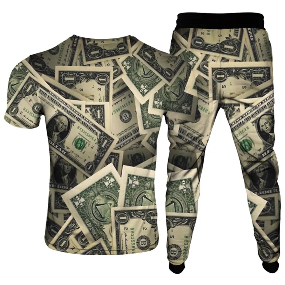 Men Women Fashion Tracksuit US 1 Dollar 100 Money Print Cool T-Shirt+Trousers 2pcs Sets Clothes Male Female Plus Size S-6XL Suit