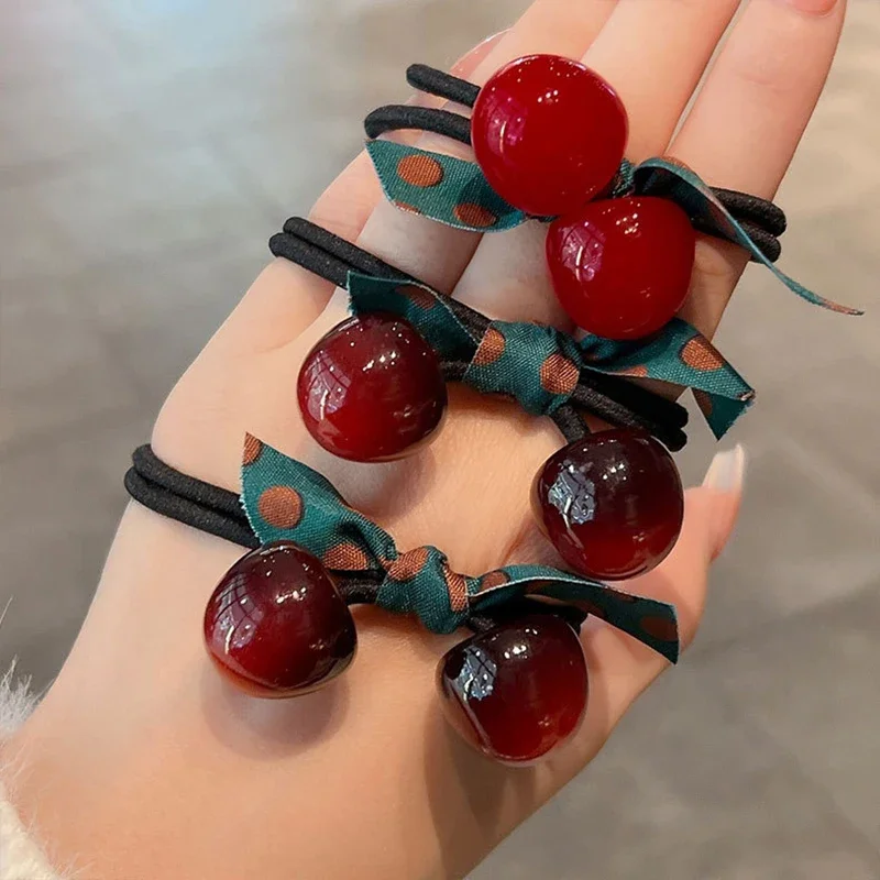 

New 3Pcs/Set Cute Sweet Cherry Bow Scrunchies Simple High Elastic Rubber Bands Lady Lovely Hair Bands Women Hair Accessories